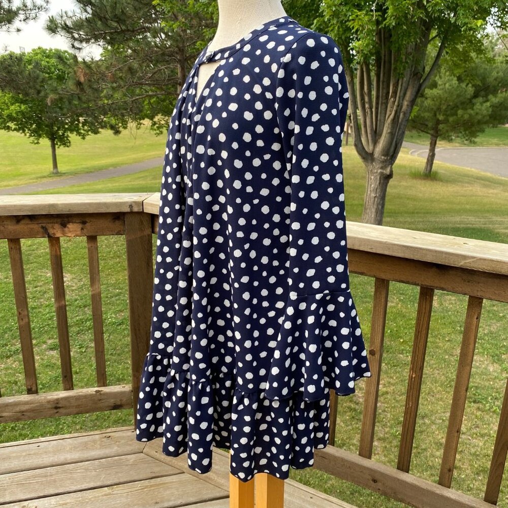 Navy Blue Polka Dots Mini Dress Tunic Top Women Size M  Bell Long Sleeve Cut Out - Picture 12 of 15